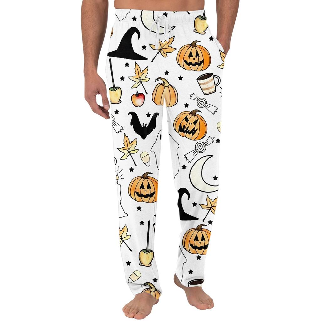 Men's Halloween Print Casual Lounge Pants with Elastic Waist and Drawstring Pocketed Sleepwear Bottoms for Indoor Relaxation