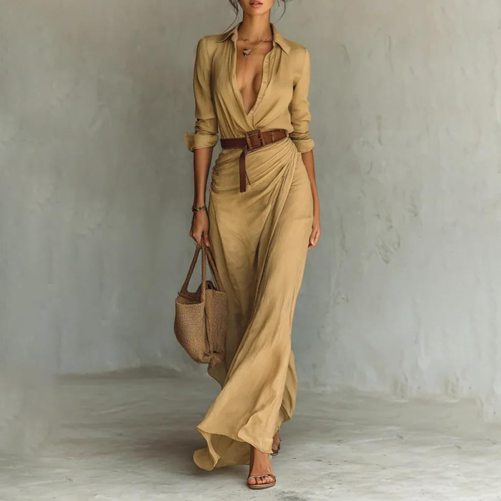 Women's Long Sleeved Solid Color Lapel Button Irregular Pleated Dress with Belt