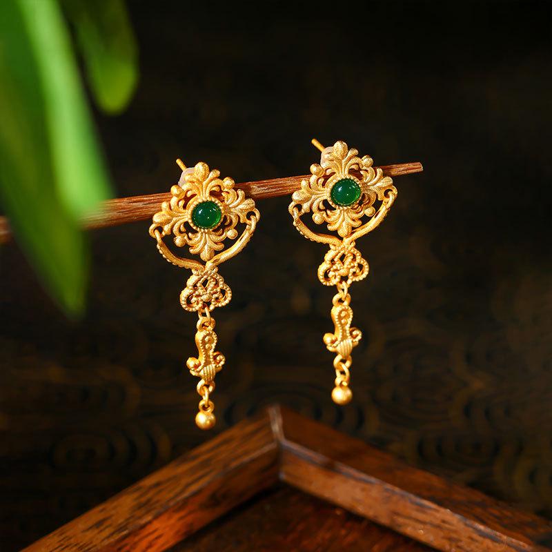 

Aieryuan Gold-Plated Jade Tassel Earrings with Silver Studs Gold Plated