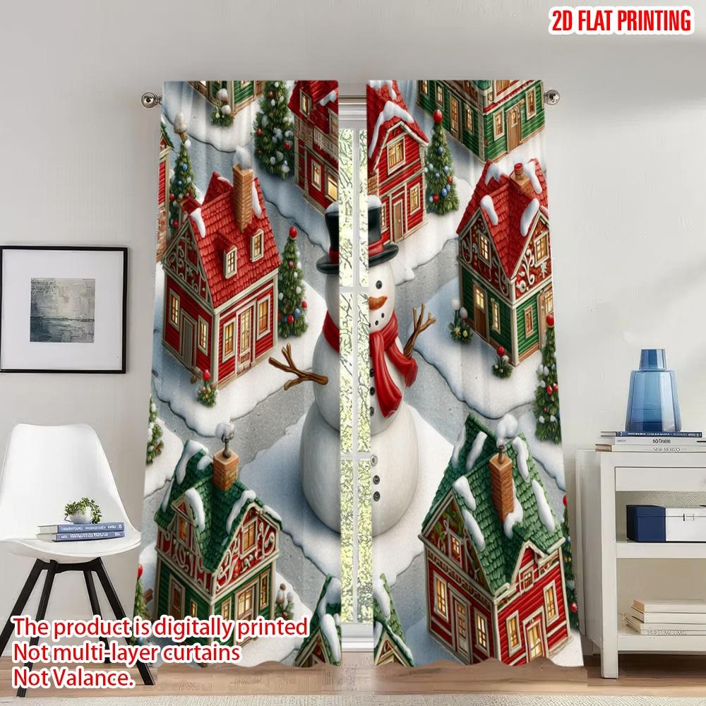 

Set Of 2 Flat Printing Happy Christmas Scene Curtains Snowman Village Houses Digital Printed Polyester Drapes Festive Made W100*H70(CM)-Hooks&1PCS