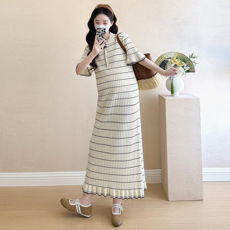 Summer Korean Style Hollow Knit Stripe Maternity Dress - Plus Size Slim Fit XL
