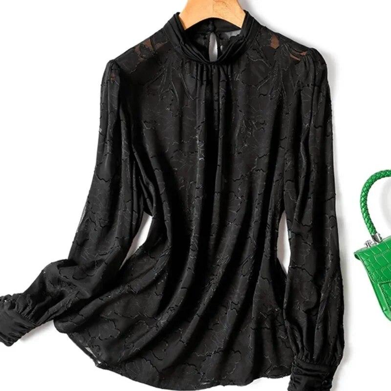 

Осінній шовковий топ Вінтажні блузки Модна жіноча вільна сорочка з довгим рукавом Жіночі блузки Топи Елегантний жіночий одяг 29967 XXXL чорний