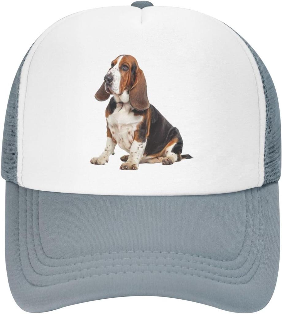Basset Hound Dog Print Mesh Trucker Hat Casual Adjustable Snapback Cap for Unisex Adults