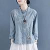 Women Floral Embroidered Stand Collar Long Sleeve Linen Blend Button Up Shirt