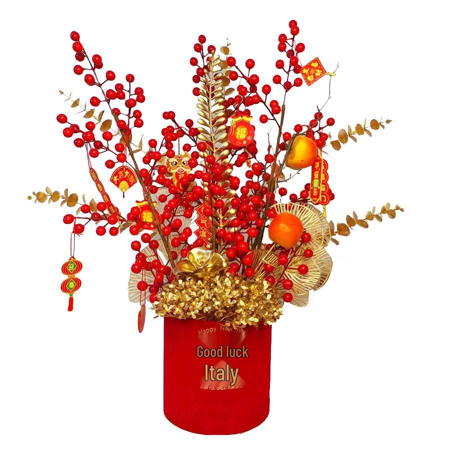 Fortune Bucket New Year Decoration Set - Festive Ornaments for Bedroom and Living Room with Flowers and Fu Character.