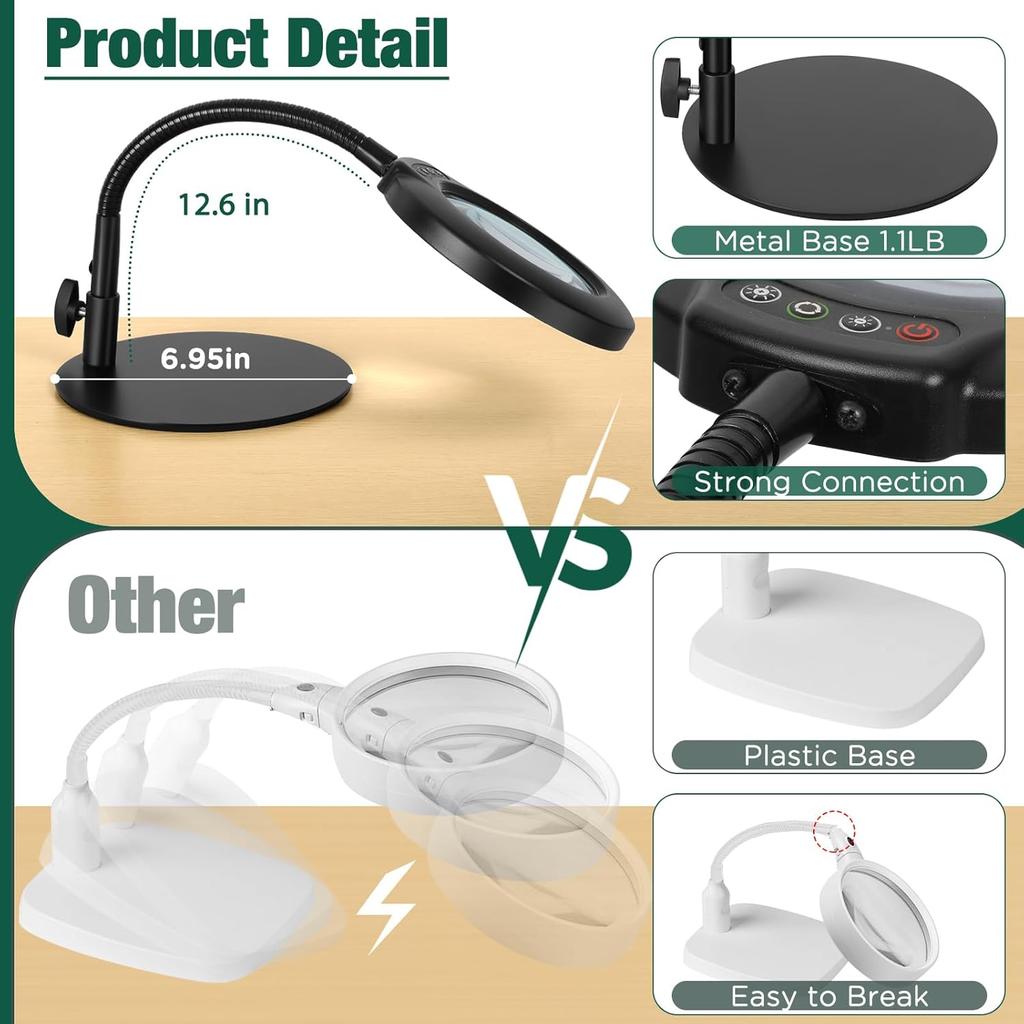 Drdefi 10X Magnifying Glass with Light and Stand, 5 Color Modes Stepless Dimmable Flexible Gooseneck Magnifying Desk Lamp, LED Lighted Magnifier