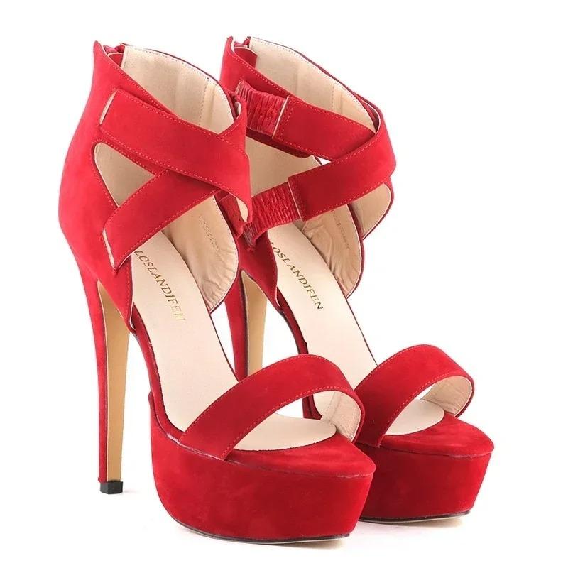 Dámské lodičky Sexy sandály na klínku s platformou s přezkou s křížovými pásky 14cm vysoké podpatky Pumps Robustní blokové šaty Party Svatba Boty