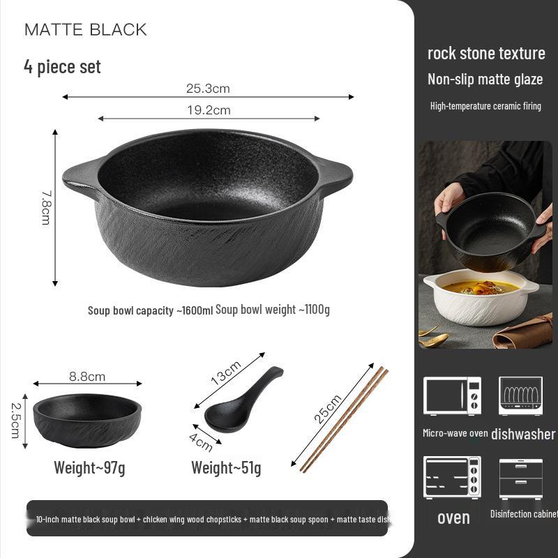 White Double-Ear Ceramic Soup Bowl, Large Noodle/Fish Basin, Anti-Scald, High-End Feel for Home Use