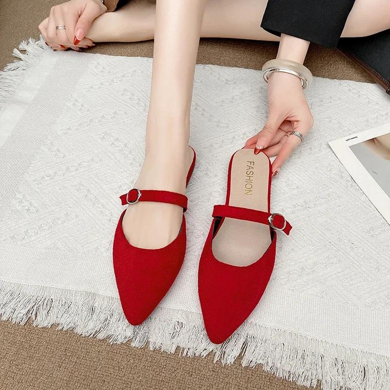 Fashion Elegant Woman Shoes 2025 Summer Plus Size Closed Toe Casual Slippers Women Fashion Pointed Toe Buckle Low Heel Women's Sandals