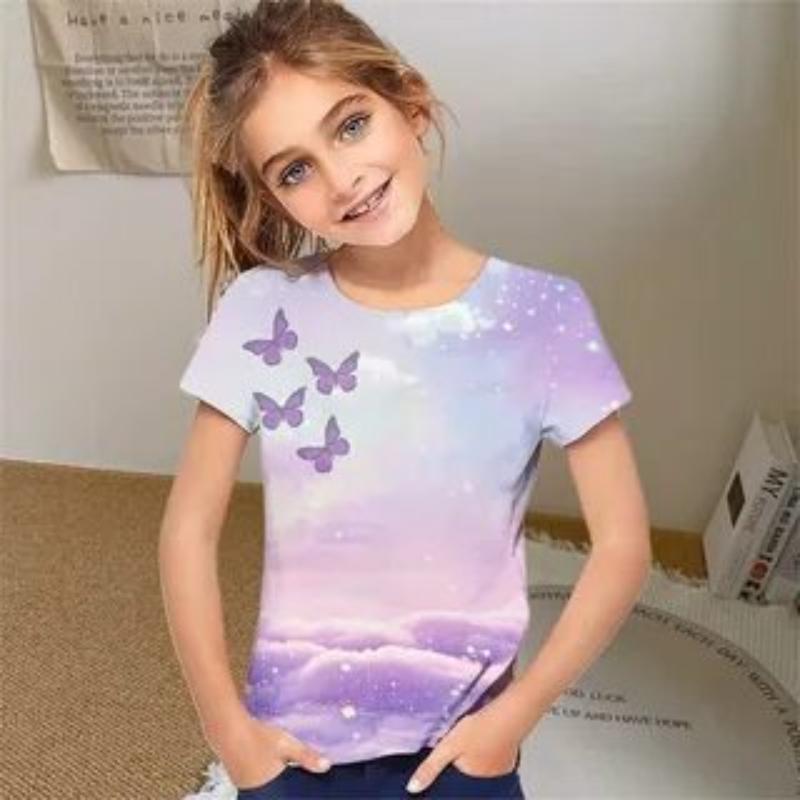 Children's Cartoon Unicorn Print Cute Tie Dye Multi-color T-shirts Girls Fashionable Soft Comfortable T-shirt