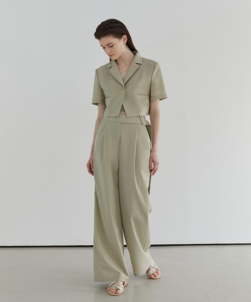 MODERNABLE Belt-Point Summer Wool Wide Pants - Green