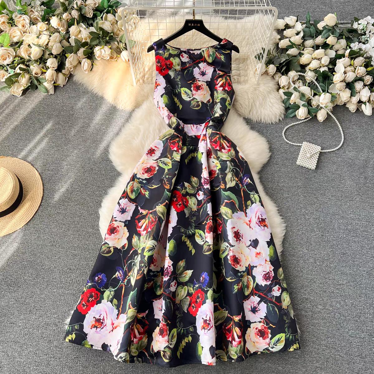 

Женское платье-майка с цветочным принтом, элегантное модное летнее платье трапециевидной формы с круглым вырезом без рукавов и высокой талией, вечернее платье-майка для взлетно-посадочной полосы XXL