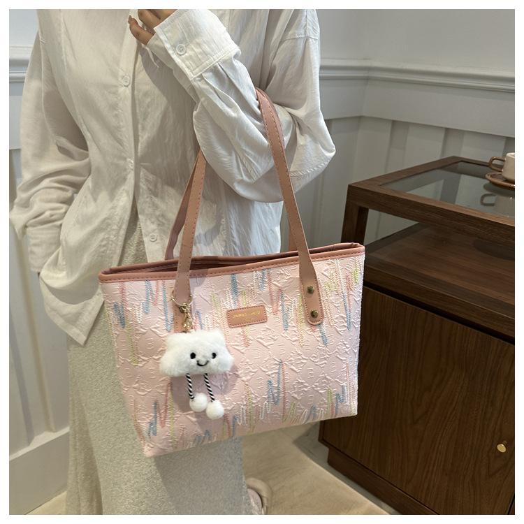 Women's Canvas Tote Bag with Embroidery, Large Capacity Casual Shoulder Bag for School and Work, Striped Design with Cloud Charm