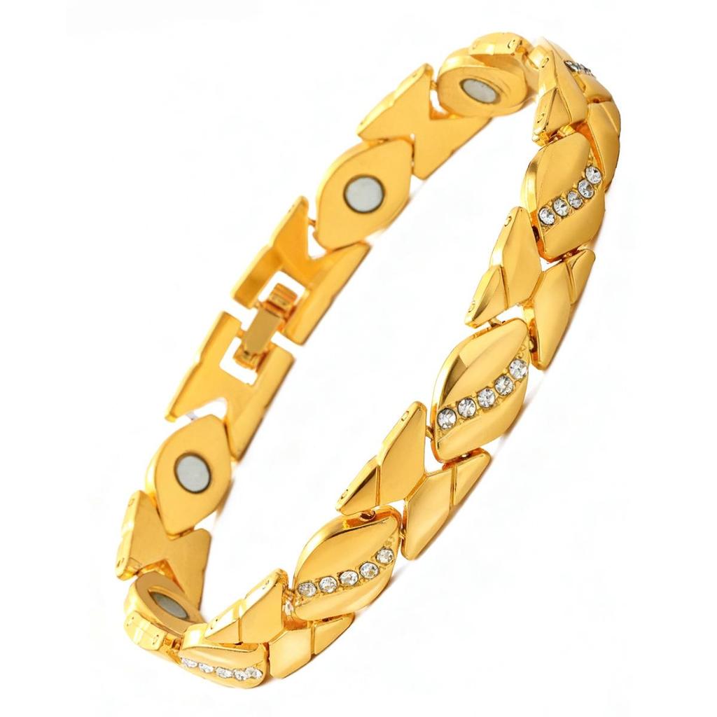 Bracciale Magnetico Europeo e Americano Transfrontaliero con Inlay di Foglie e Diamanti, Rame Rosso Antico, Spazzolato, Regolabile.