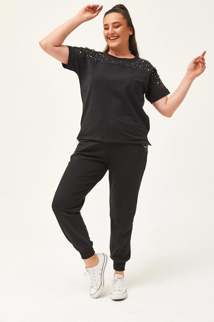 Set de trening de marime mari la moda pentru dama Set de trening de vara verde cu maneca scurta, detaliat cu piatra si margele