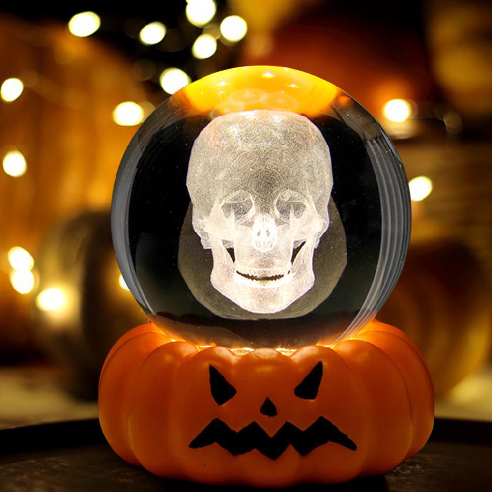 6cm 3D Kristallkugel Kristallkürbis Nachtlicht Lasergravierter Schädel Geist Spukhaus Geburtstagsgeschenk Heim Desktop Dekoration