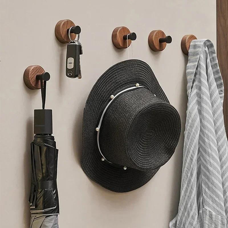 Self-adhesive New Simple Solid Wood Hook Walnut Hanging Hanger Bathroom Wall Hook Bedroom Coat Storage Rack Home Towel Key Decor