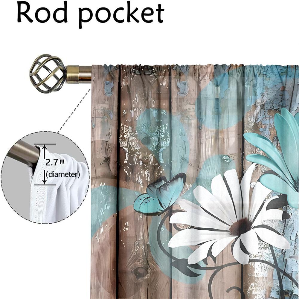 2Pcs Vintage Wooden Floral Curtains Mint Green White Daisy Butterfly Living Room Bedroom Window Decor Curtains Country Sty