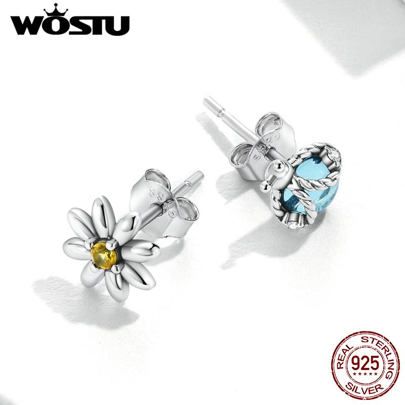 

Женские серьги-гвоздики WOSTU из стерлингового серебра 925 пробы с изображением ромашки и божьей коровки, асимметричные серьги-гвоздики с цирконом, трендовые ювелирные изделия 925 silver