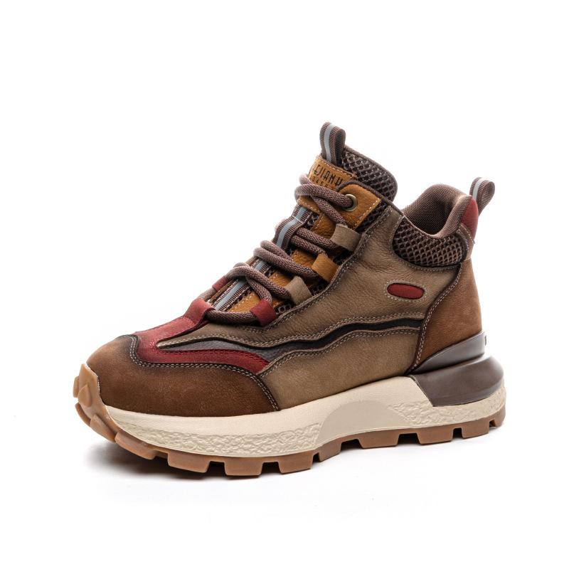 The First Layer of Cowhide Retro High-top Shoes for Women's Winter New Thick-soled Heightening Casual Cotton