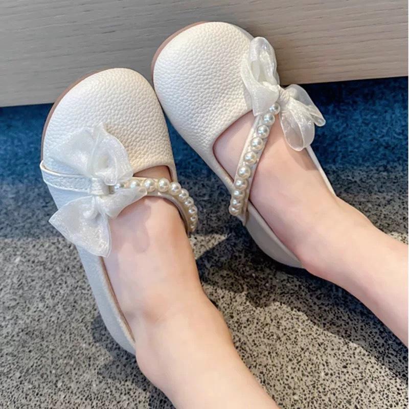 Girls' Leather Shoes Spring and Autumn Children's Soft-soled White Shoes Foreign Style Doudou Single Shoes Little Girl Pearl Female Treasure Prin