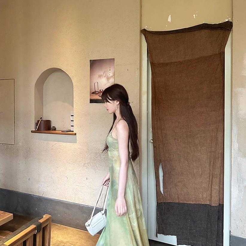 Super fire age reduction green smudge waist suspender dress women's summer seaside vacation temperament light national style skirt