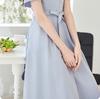 Summer new French style high-end V-neck with visible thread design, tie up, waist cinching, slimming effect, slit, lightweight and cool dress