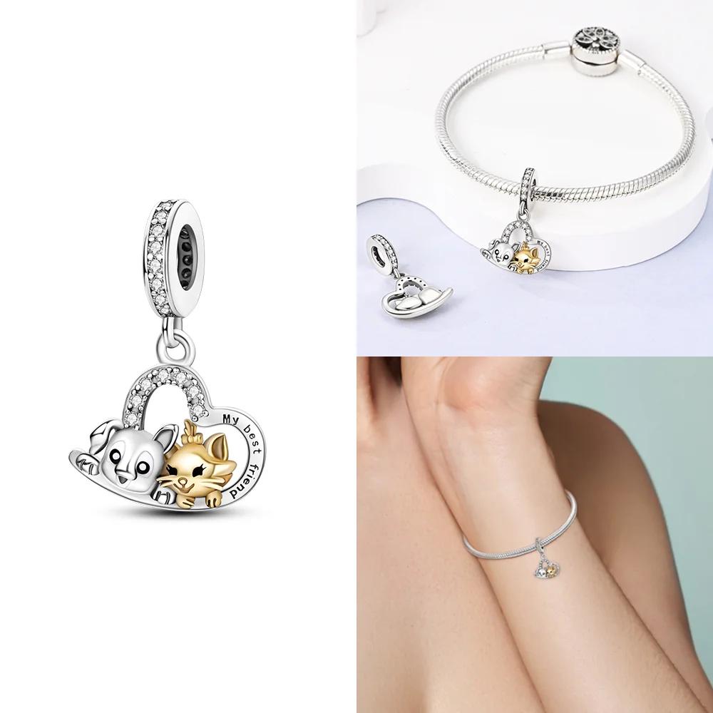 Classic Charms Original Copper Yellow Heart Moon Zircon Cat Beads Fit Bracelet Women Jewelry Diy Fine Gifts Accessories