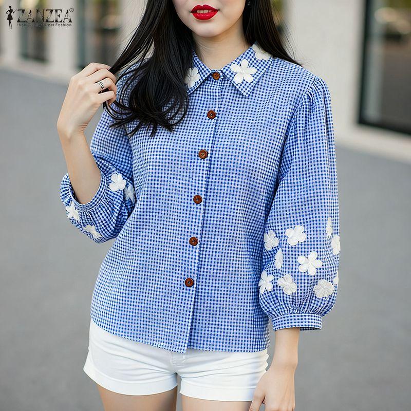 ZANZEA Women Casual Turn Down Collar Loose 3/4 Sleeve Grid Print Blouse