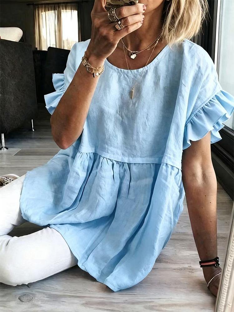 Women Solid Round Neck Ruffle Short Sleeve Blouse Loose Pleated Tunic Top Casual Summer Shirt