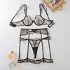 4pcs Sexy Ultra-thin Mesh Women'S Lingerie Set with French Hollow Lace Breathable Bra Thong Thigh-High Socks and Thigh Lace Trim
