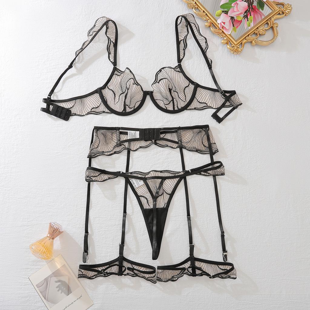 4pcs Sexy Ultra-thin Mesh Women'S Lingerie Set with French Hollow Lace Breathable Bra Thong Thigh-High Socks and Thigh Lace Trim
