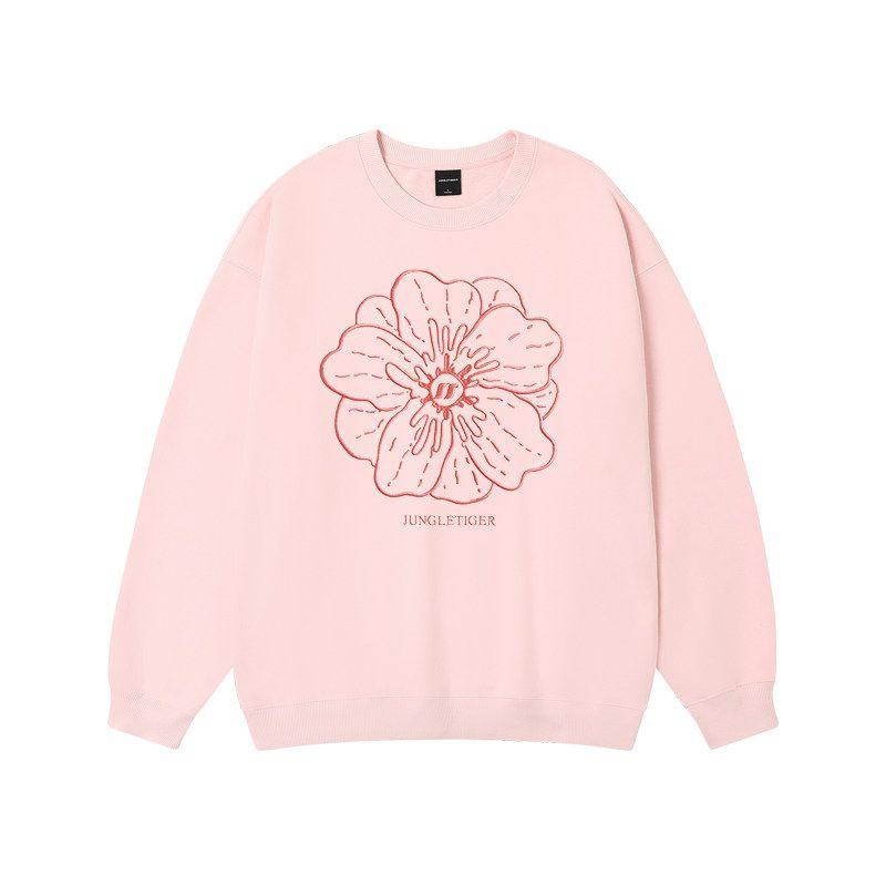 Jungle Tiger Floral Embroidery Heavyweight Pink Sweatshirt for Women, High Street Fashion Brand, Loose Casual Crew Neck Pullover Top for Men