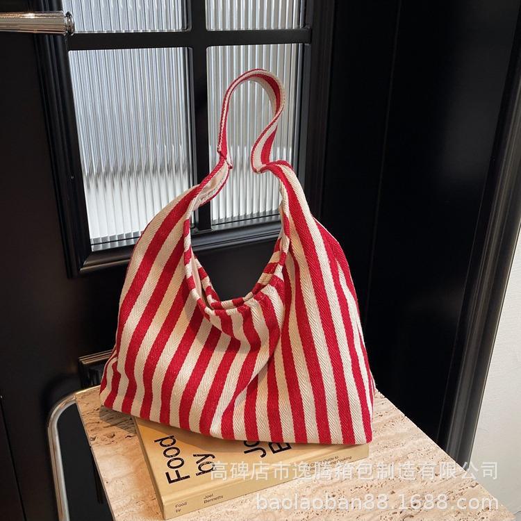 Women's Large Capacity Striped Canvas Tote Bag - 2025 Autumn Collection