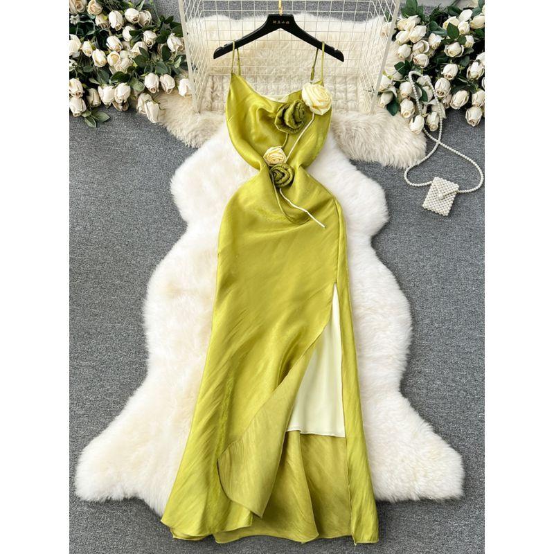 High-End Light Luxury Niche Three-Dimensional Flower Slim-Fit Long Sexy Split over-the-Knee Suspender Dress for Women