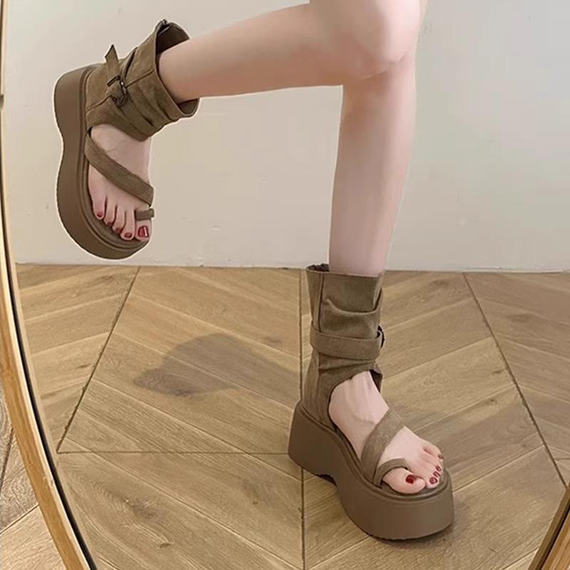Thick-soled heightening trousers, cool boots for women's 2025 summer new small soft-soled cover-toe sandals heightening Roman women's shoes