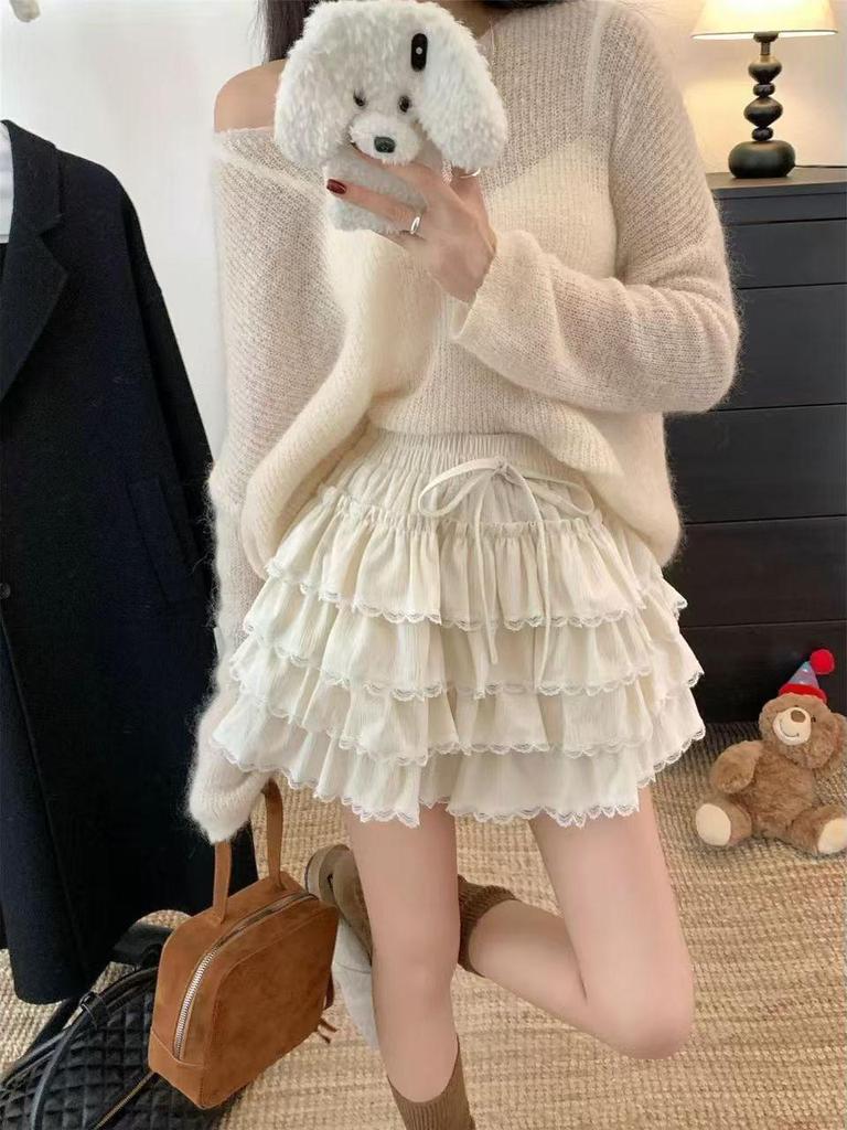 2026 Spring/Autumn Korean Lace-Trim High-Waist Slimming Short Ballet Skirt for Women