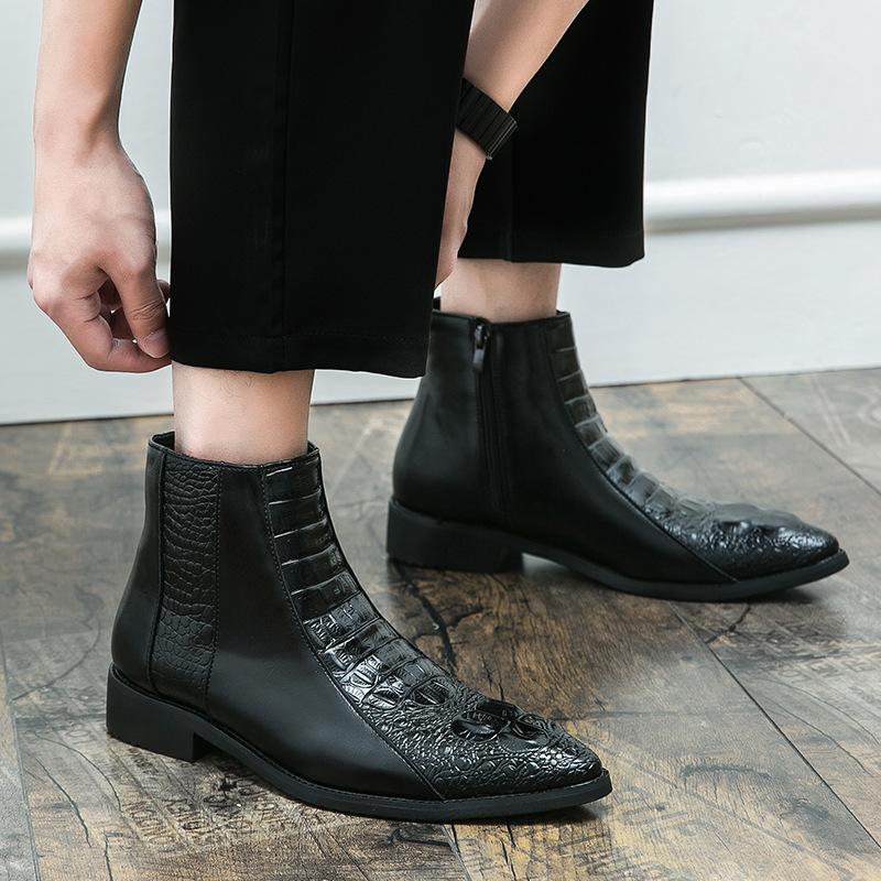 Foreign Trade Special 48 Large Size High Top Leather Shoes Men's Crocodile Pattern Side Zipper Pointed Chelsea Boots British Casual Martin Boots