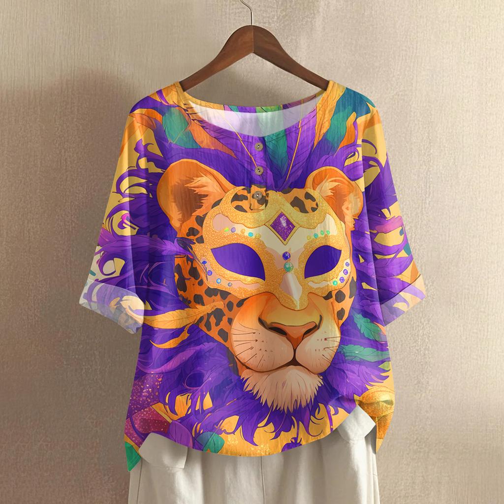 Women's Fashionable And Casual Shirt Half Sleeve Round Neck Print Cotton And Linen Blouse Top