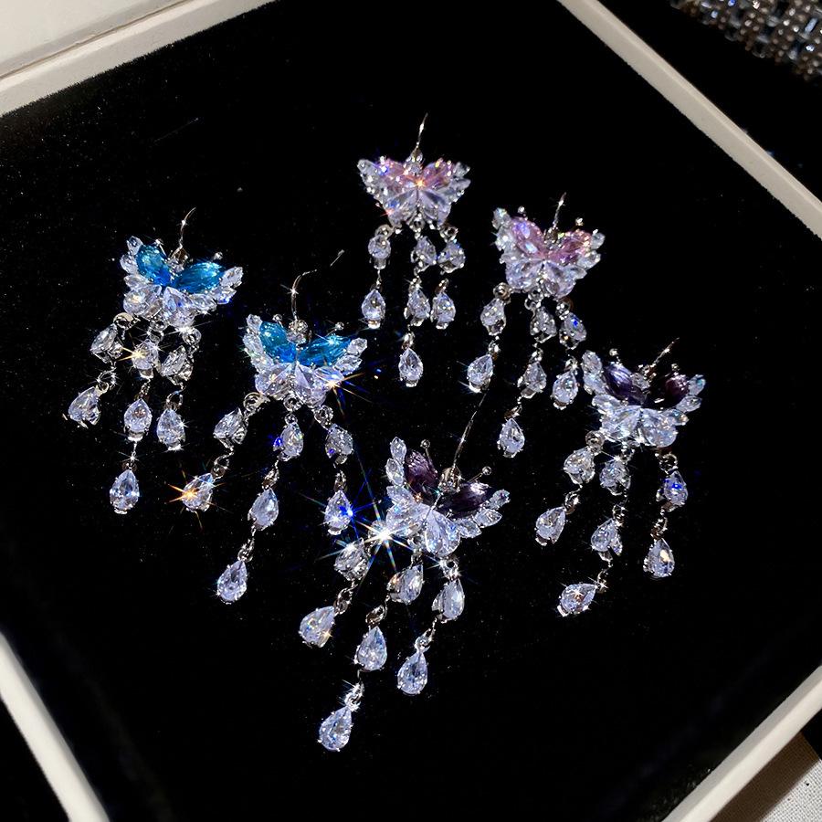 Korean Style Zircon Butterfly Water Drop Earrings - Light Luxury and Fashionable Stud Ear Jewelry