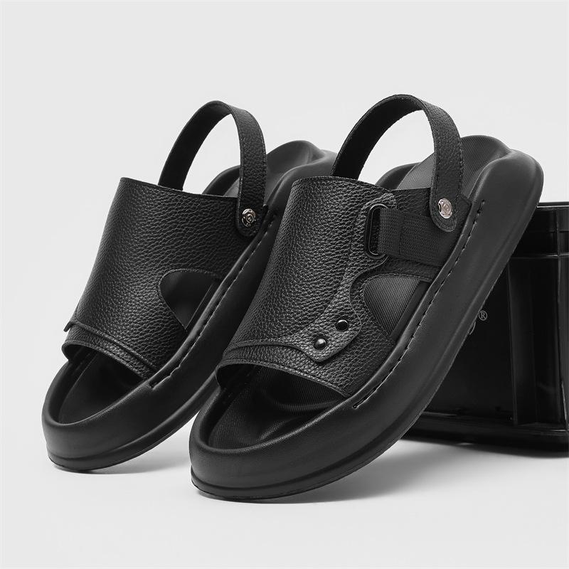 Sommer vielseitige neue Oberbekleidung Dual-Purpose Ein-Wort-Schlepp dicksölig rutschfest Strandschuhe 371232 Litschi-Muster schwarz-J