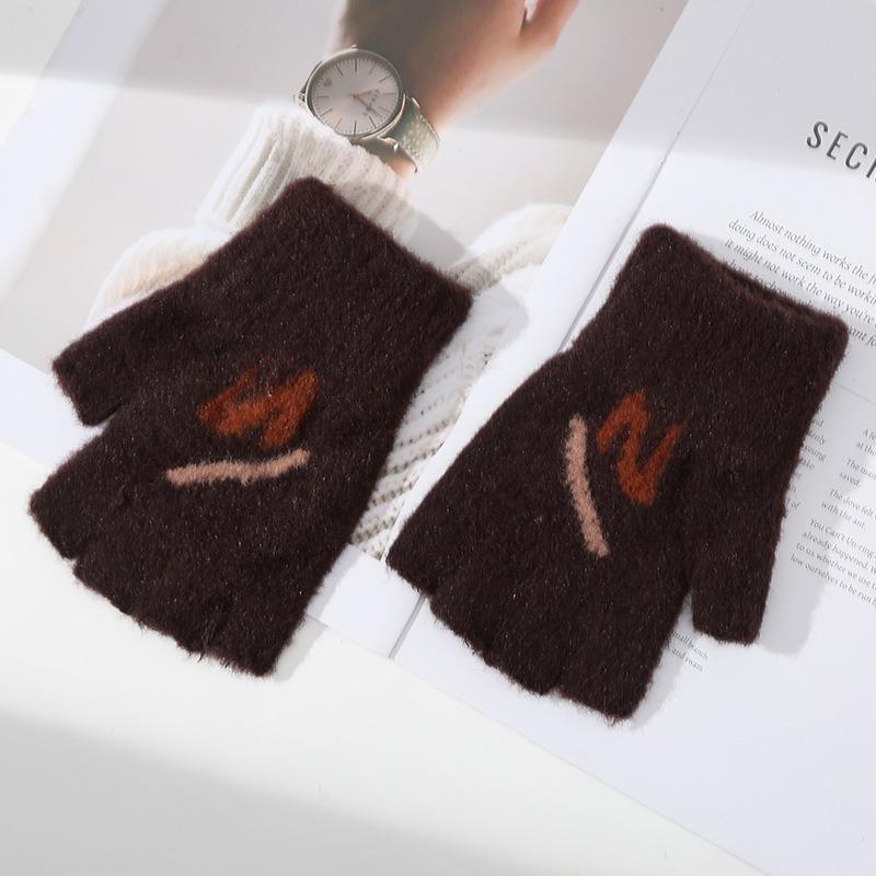 

Новые мужские вязаные теплые перчатки без пальцев на осень и зиму, жаккард с буквами, перчатки для работы без пальцев One Size кофейный