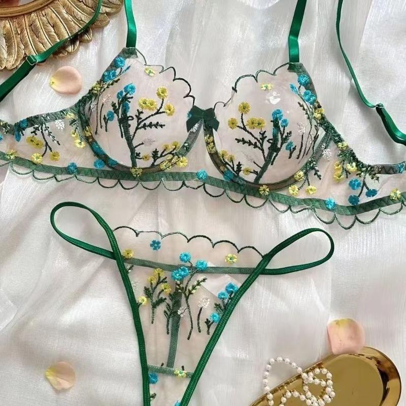 

European and American style summer explosion mesh ultra-thin single-layer embroidery steel ring gathering bra sexy underwear women s suit XL зелений