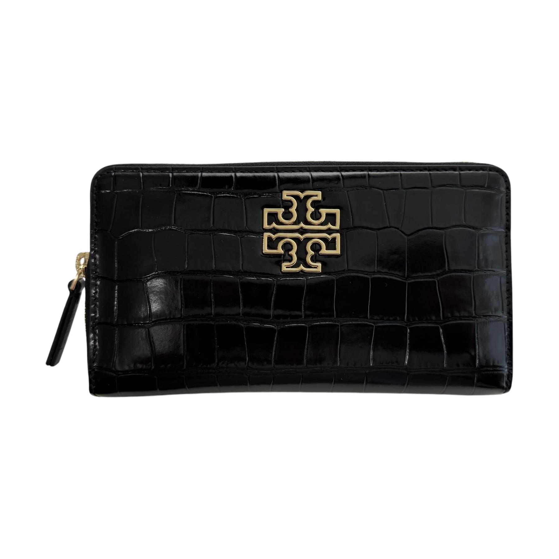 Tory Burch Britten Gold Logo Textured Zip Leather Wallet Women wallet Black 145345-001 Basic Set (Bag+Dust Bag)