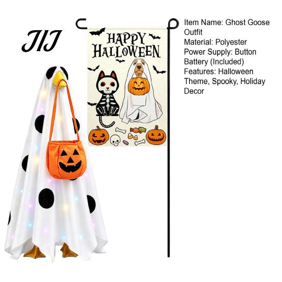 Indoor Party Decoration Halloween Lighted Ghost Porch Goose Outfit And Flag Set for 23 Inch Statue, Pumpkin Candy Bag Accessory Spooky Clothes