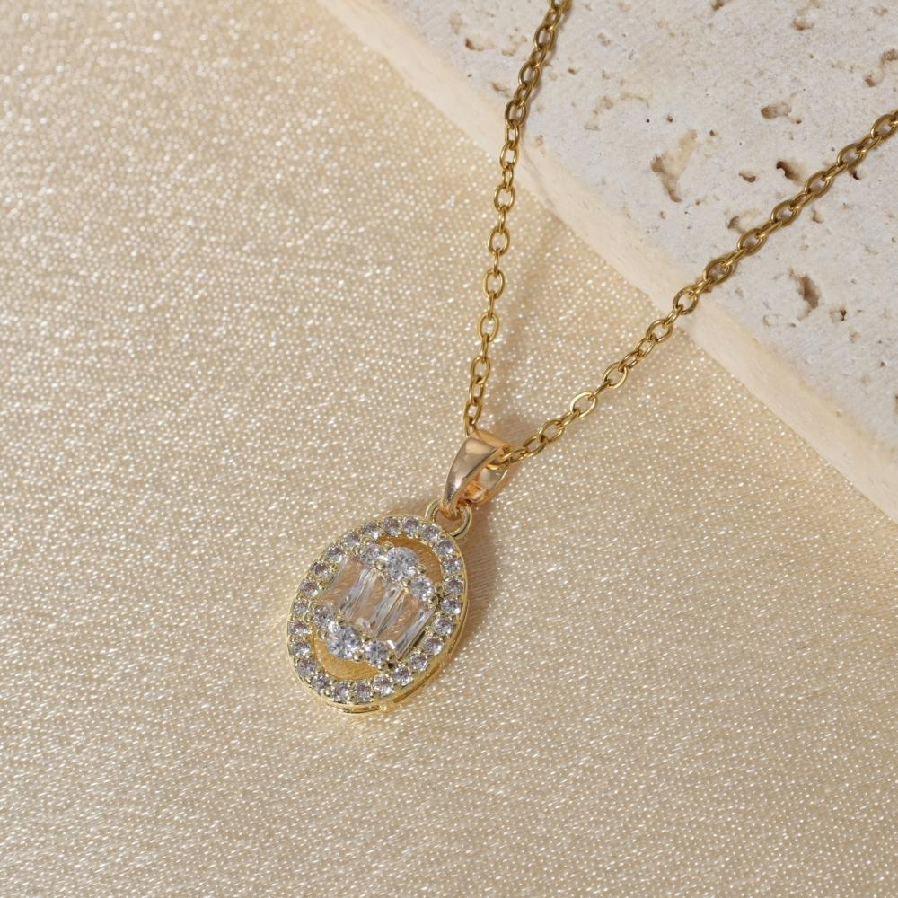 Elegant Oval Zirconia Drop Necklace, Golden Vintage Statement Jewelry