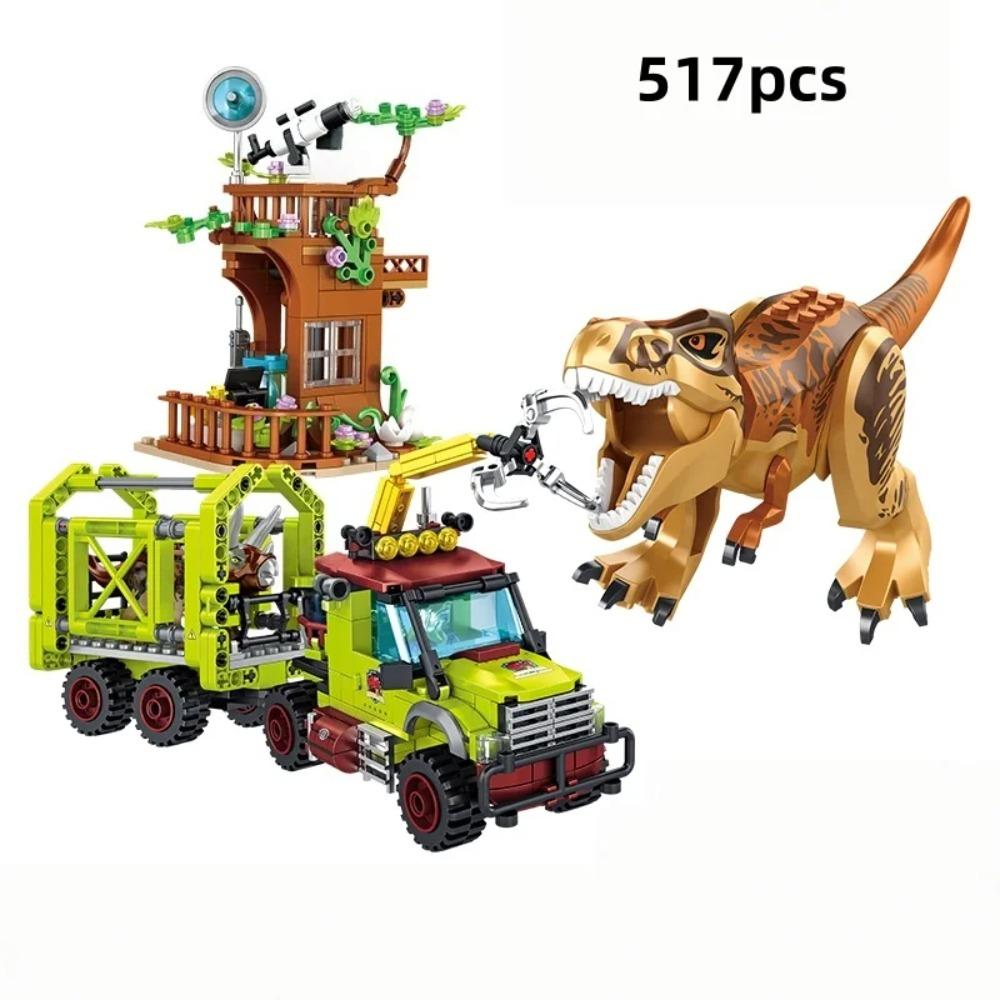 Jurské dobrodružství záchrany dinosaurů Stavebnice s pohyblivou figurkou T-rexe Pevný domček na strome a model záchranného nákladného auta Stavebné kocky