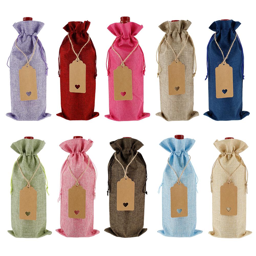 

10Pcs Burlap Wine Bags with Drawstrings and Tags Wine Bottle Gift Bags Christmas Wedding Birthday Holiday Party Housewarming 35x15cm
