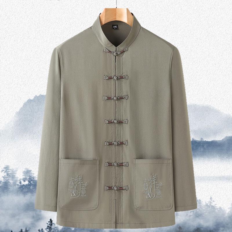 Pánský Tang oblek s dlouhým rukávem: Hanfu v čínském stylu pro jaro/léto - Ideální pro střední věk a seniory, tatínkovo a dědečkovo tričko na tai-či