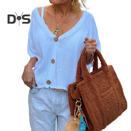 Damen-Oberteile, V-Ausschnitt, halbe Ärmel, Knopfleiste, Hemdoberteile, lockere Passform, einfarbig, lässiges Strickoberteil für den Sommer